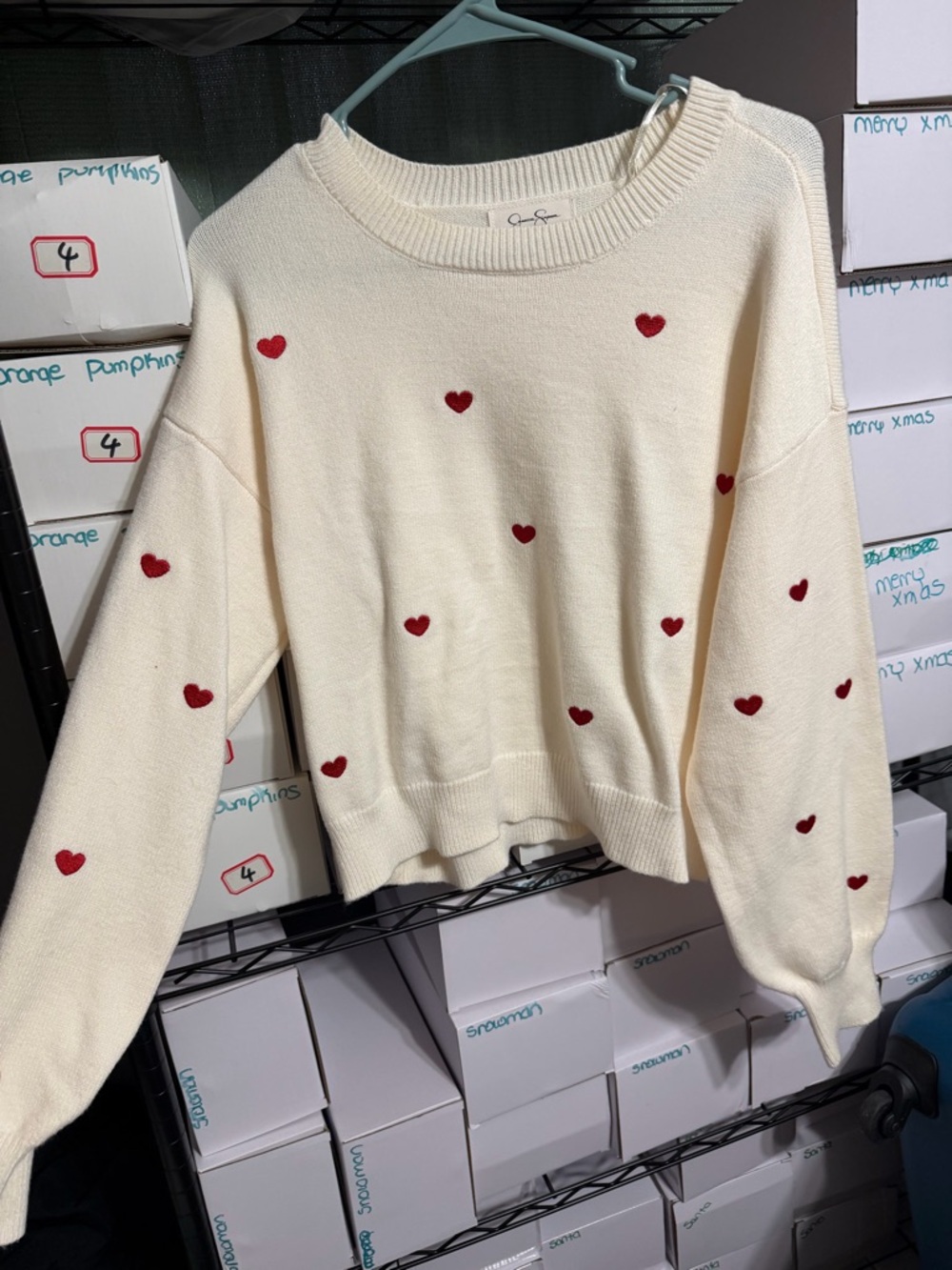 Jessica Simpson Cream Sweater with Red Heart Motif
